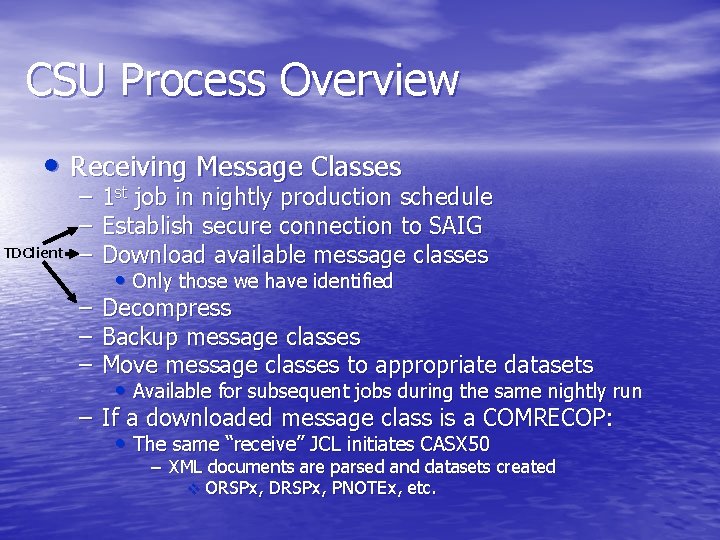 CSU Process Overview • Receiving Message Classes TDClient – 1 st job in nightly
