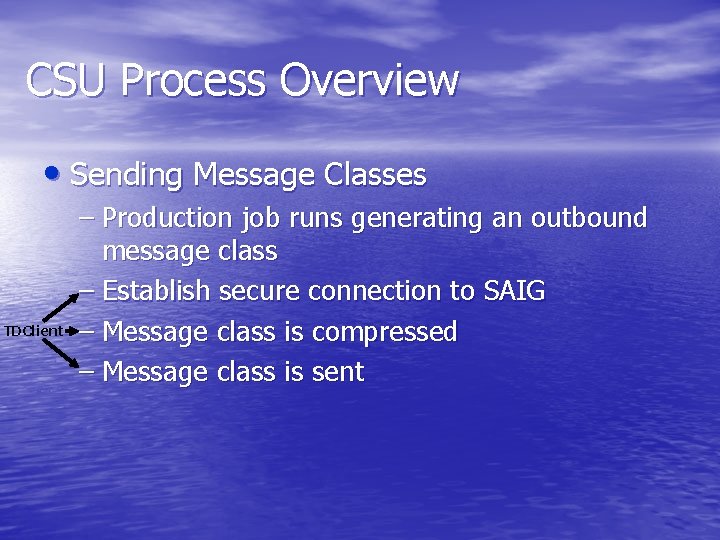 CSU Process Overview • Sending Message Classes TDClient – Production job runs generating an