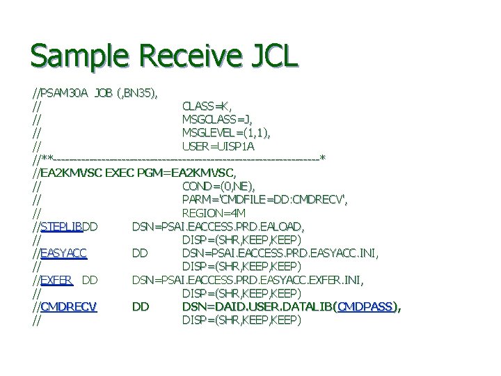 Sample Receive JCL //PSAM 30 A JOB (, BN 35), // CLASS=K, // MSGCLASS=J,