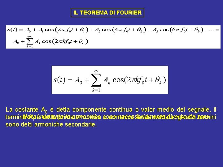 IL TEOREMA DI FOURIER La costante A 0 è detta componente continua o valor