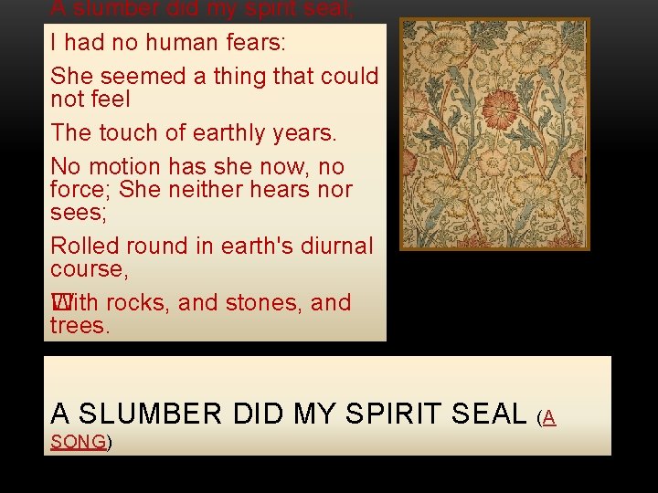 A slumber did my spirit seal; I had no human fears: She seemed a