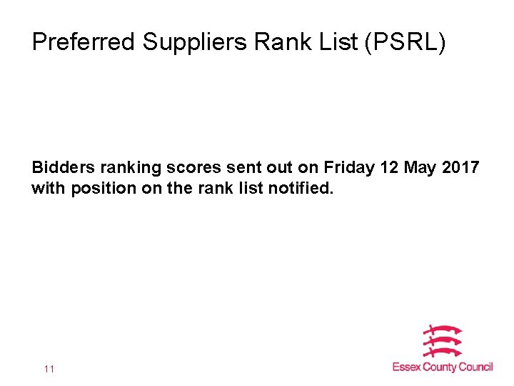 Preferred Suppliers Rank List (PSRL) Bidders ranking scores sent out on Friday 12 May