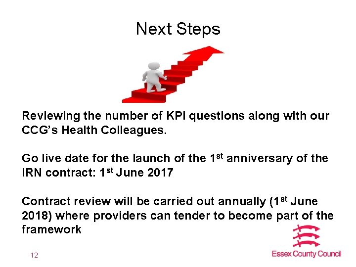 Next Steps Reviewing the number of KPI questions along with our CCG’s Health Colleagues.