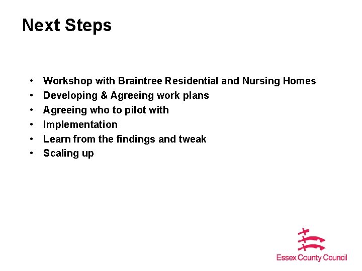 Next Steps • • • Workshop with Braintree Residential and Nursing Homes Developing &