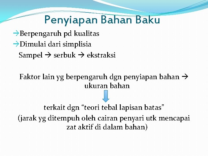 Penyiapan Bahan Baku Berpengaruh pd kualitas Dimulai dari simplisia Sampel serbuk ekstraksi Faktor lain