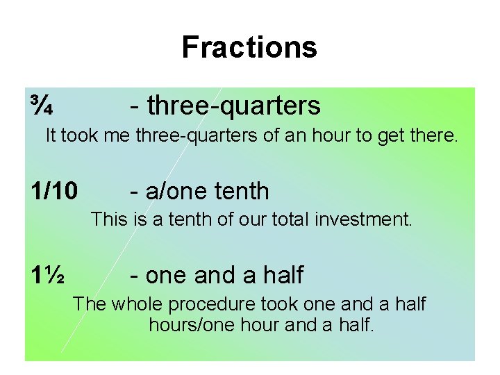 Fractions ¾ - three-quarters It took me three-quarters of an hour to get there. Fractions ¾ - three-quarters It took me three-quarters of an hour to get there.
