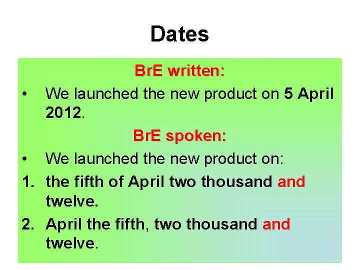Dates Br. E written: • We launched the new product on 5 April 2012. Dates Br. E written: • We launched the new product on 5 April 2012.