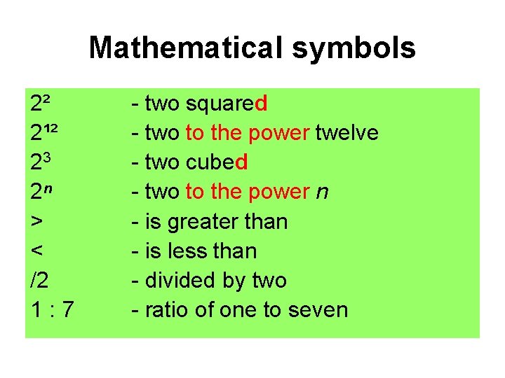 Mathematical symbols 2² 2¹² 23 2ⁿ > < /2 1: 7 - two squared Mathematical symbols 2² 2¹² 23 2ⁿ > < /2 1: 7 - two squared