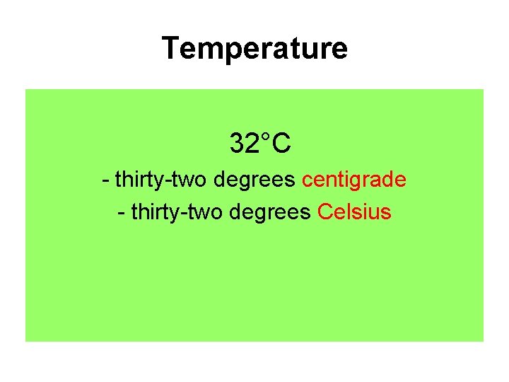 Temperature 32°C - thirty-two degrees centigrade - thirty-two degrees Celsius Temperature 32°C - thirty-two degrees centigrade - thirty-two degrees Celsius
