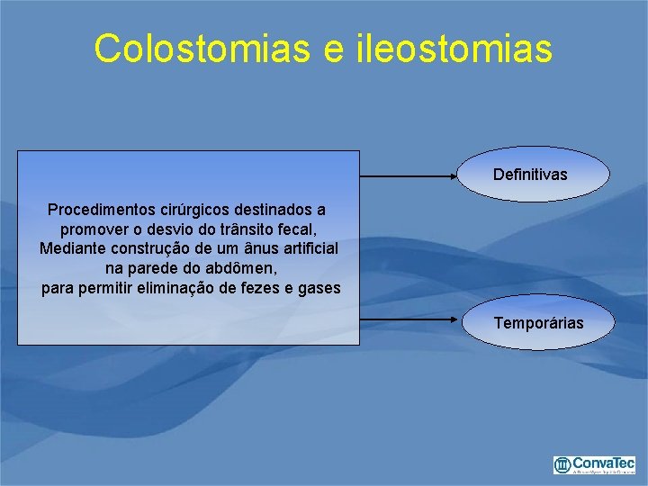 Colostomias e ileostomias Definitivas Procedimentos cirúrgicos destinados a promover o desvio do trânsito fecal,