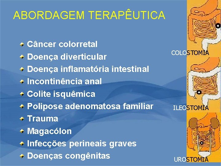 ABORDAGEM TERAPÊUTICA Câncer colorretal Doença diverticular Doença inflamatória intestinal Incontinência anal Colite isquêmica Polipose