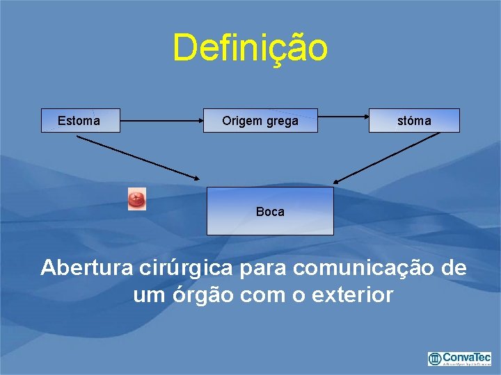 Definição Estoma Origem grega stóma Boca Abertura cirúrgica para comunicação de um órgão com