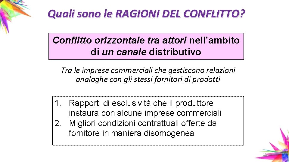 Quali sono le RAGIONI DEL CONFLITTO? Conflitto orizzontale tra attori nell’ambito di un canale