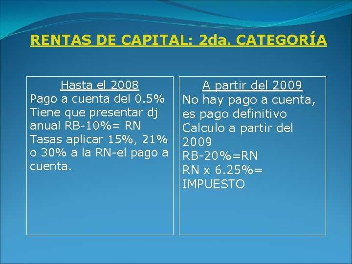 RENTAS DE CAPITAL: 2 da. CATEGORÍA Hasta el 2008 Pago a cuenta del 0.