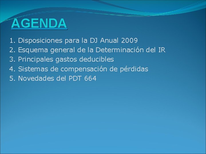 AGENDA 1. Disposiciones para la DJ Anual 2009 2. Esquema general de la Determinación