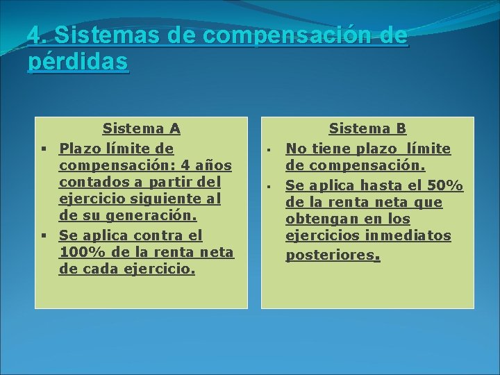 4. Sistemas de compensación de pérdidas Sistema A § Plazo límite de compensación: 4