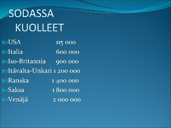 SODASSA KUOLLEET USA 115 000 Italia 600 000 Iso-Britannia 900 000 Itävalta-Unkari 1 200