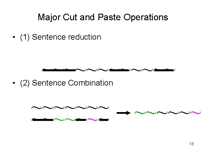 Major Cut and Paste Operations • (1) Sentence reduction ~~~~~~ • (2) Sentence Combination