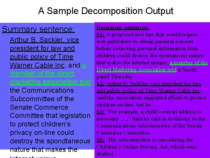 A Sample Decomposition Output Document sentences: S 1: A proposed new law that would