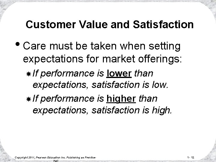 Customer Value and Satisfaction • Care must be taken when setting expectations for market