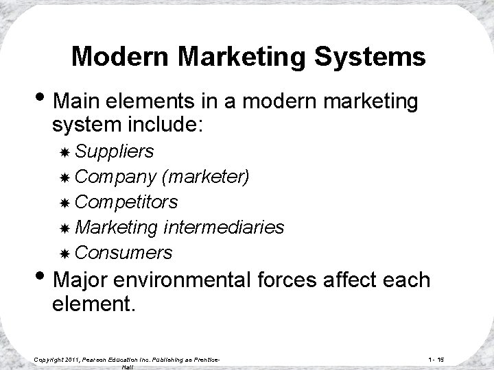 Modern Marketing Systems • Main elements in a modern marketing system include: Suppliers Company