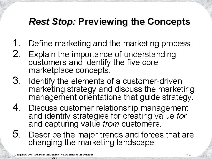 Rest Stop: Previewing the Concepts 1. 2. 3. 4. 5. Define marketing and the