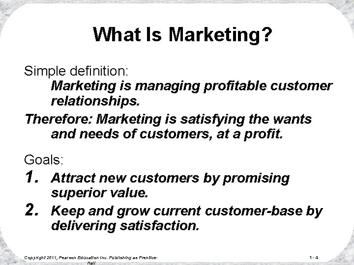 What Is Marketing? Simple definition: Marketing is managing profitable customer relationships. Therefore: Marketing is