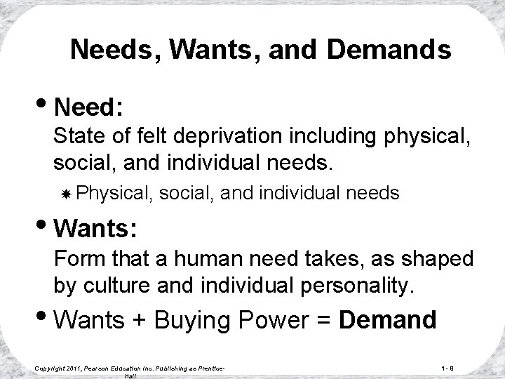 Needs, Wants, and Demands • Need: State of felt deprivation including physical, social, and