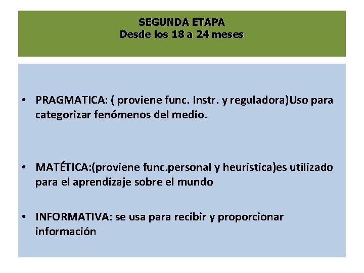 SEGUNDA ETAPA Desde los 18 a 24 meses • PRAGMATICA: ( proviene func. Instr.