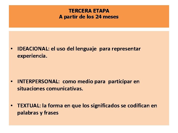 TERCERA ETAPA A partir de los 24 meses • IDEACIONAL: el uso del lenguaje