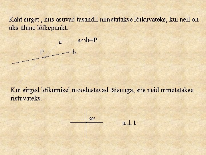 Kaht sirget , mis asuvad tasandil nimetatakse lõikuvateks, kui neil on üks ühine lõikepunkt.