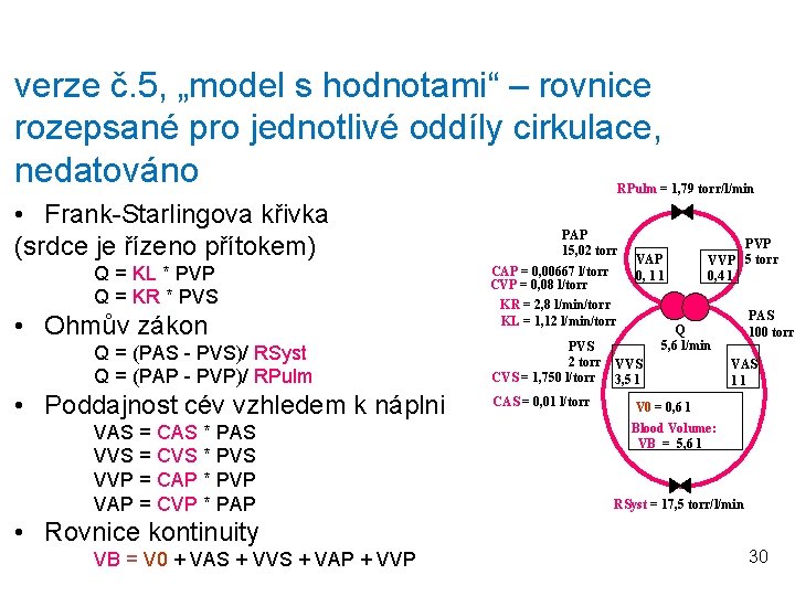 verze č. 5, „model s hodnotami“ – rovnice rozepsané pro jednotlivé oddíly cirkulace, nedatováno