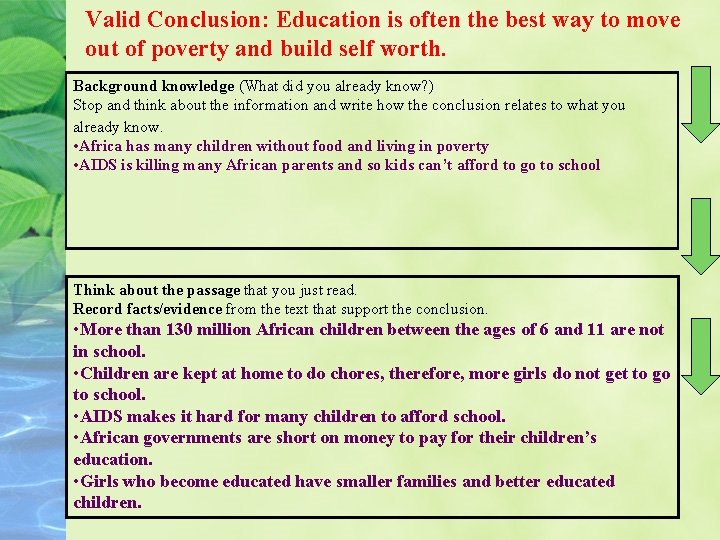 Valid Conclusion: Education is often the best way to move out of poverty and
