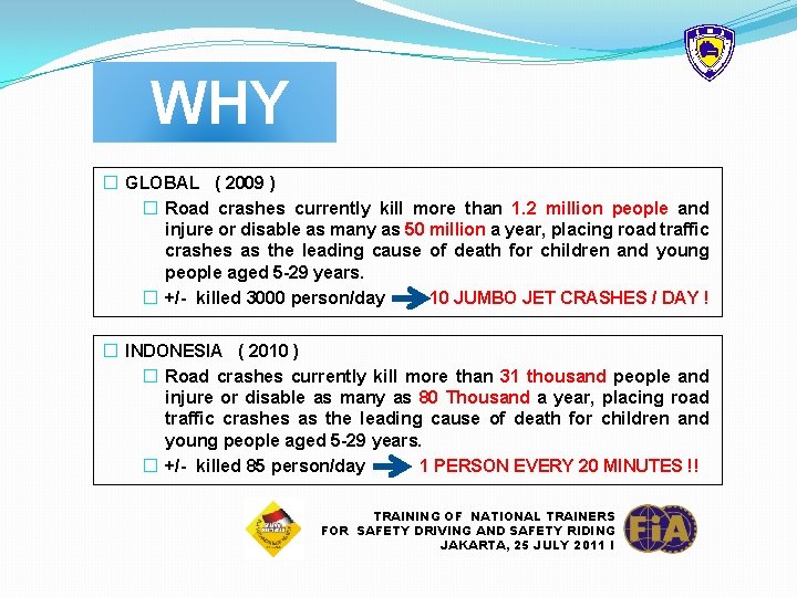 WHY � GLOBAL ( 2009 ) � Road crashes currently kill more than 1.