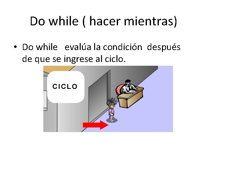Do while ( hacer mientras) • Do while evalúa la condición después de que Do while ( hacer mientras) • Do while evalúa la condición después de que