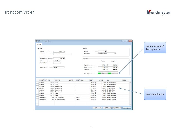 Transport Order Constant check of loading status Tour optimization 29 