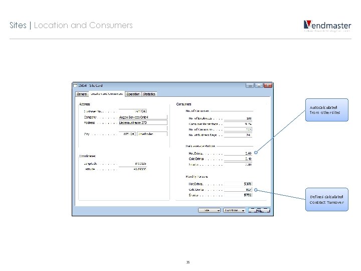 Sites | Location and Consumers Autocalculated from other sites Defines calculated Contract Turnover 35