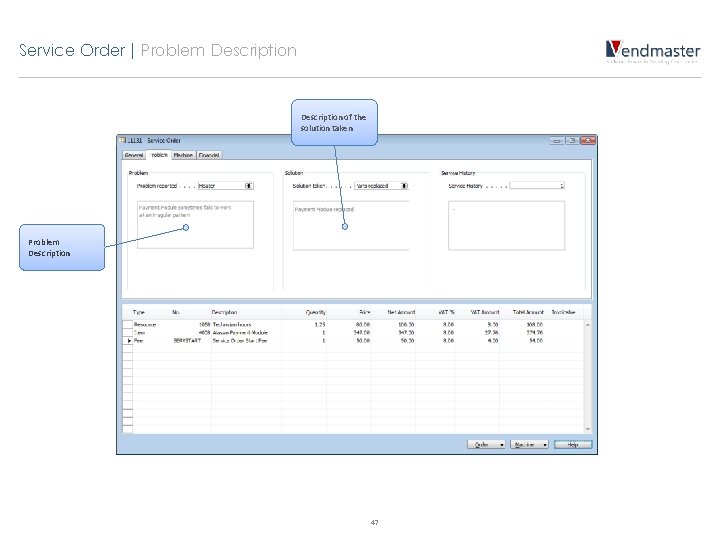 Service Order | Problem Description of the solution taken Problem Description 47 