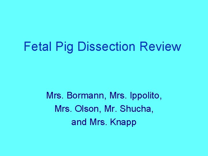 Fetal Pig Dissection Review Mrs. Bormann, Mrs. Ippolito, Mrs. Olson, Mr. Shucha, and Mrs.