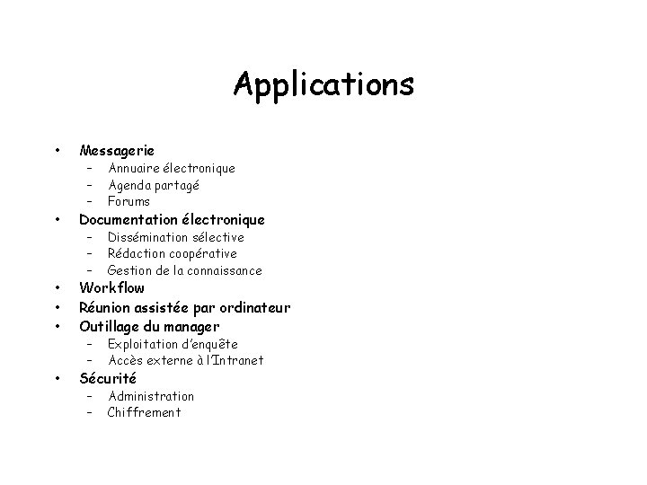 Applications • Messagerie • Documentation électronique • • • Workflow Réunion assistée par ordinateur