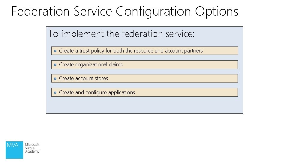 Federation Service Configuration Options To implement the federation service: Create a trust policy for Federation Service Configuration Options To implement the federation service: Create a trust policy for