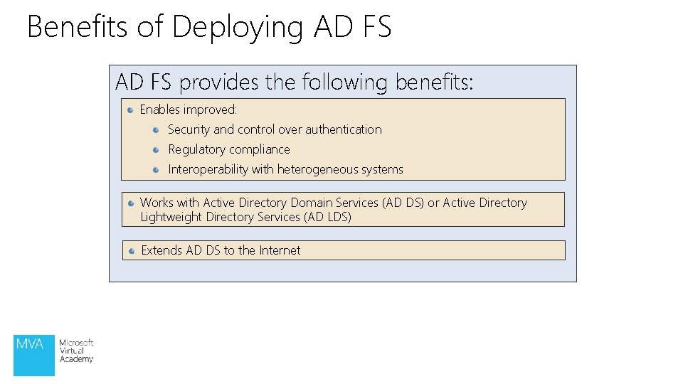 Benefits of Deploying AD FS provides the following benefits: Enables improved: Security and control Benefits of Deploying AD FS provides the following benefits: Enables improved: Security and control