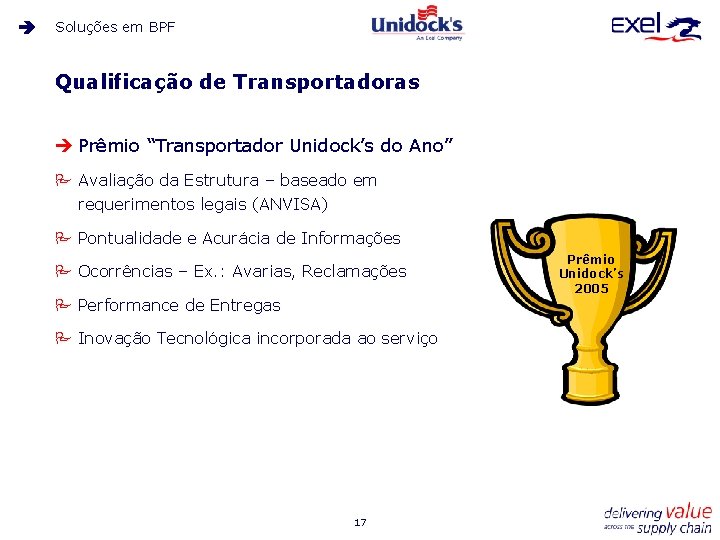 Soluções em BPF Qualificação de Transportadoras è Prêmio “Transportador Unidock’s do Ano” P Avaliação