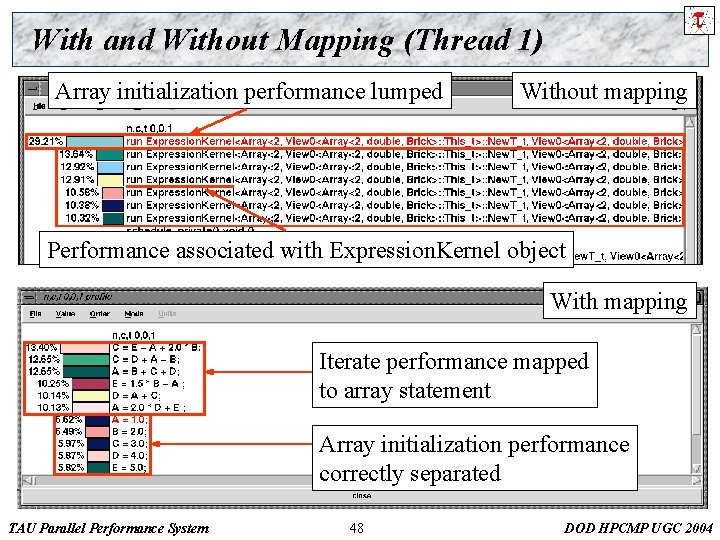 With and Without Mapping (Thread 1) Array initialization performance lumped Without mapping Performance associated