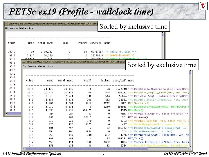 PETSc ex 19 (Profile - wallclock time) Sorted by inclusive time Sorted by exclusive