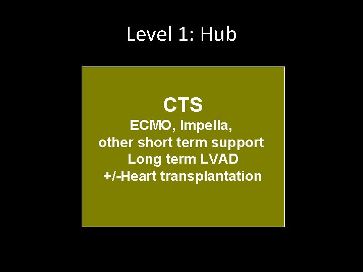 Level 1: Hub CTS ECMO, Impella, other short term support Long term LVAD +/-Heart