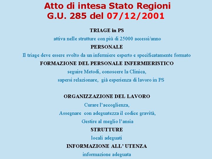 Atto di intesa Stato Regioni G. U. 285 del 07/12/2001 TRIAGE in PS attiva