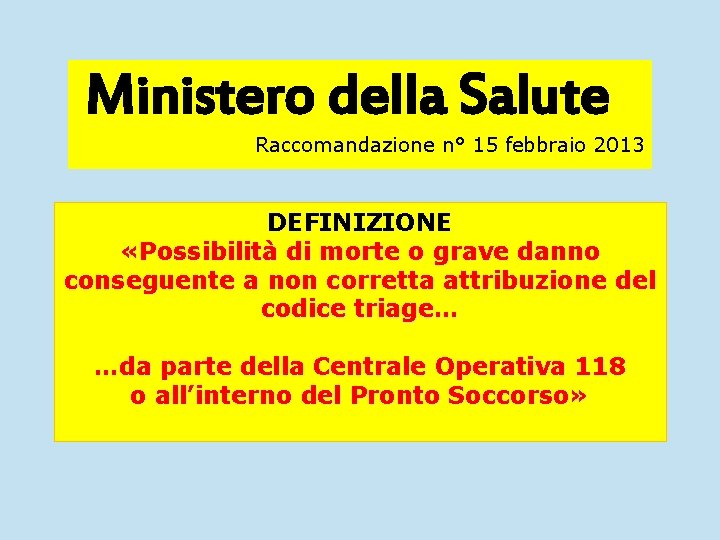 Ministero della Salute DEFINIZIONE Raccomandazione n° 15 febbraio 2013 DEFINIZIONE «Possibilità di morte o