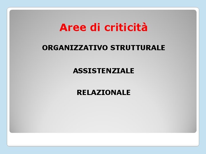 Aree di criticità ORGANIZZATIVO STRUTTURALE ASSISTENZIALE RELAZIONALE 