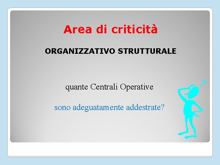 Area di criticità ORGANIZZATIVO STRUTTURALE quante Centrali Operative sono adeguatamente addestrate? 